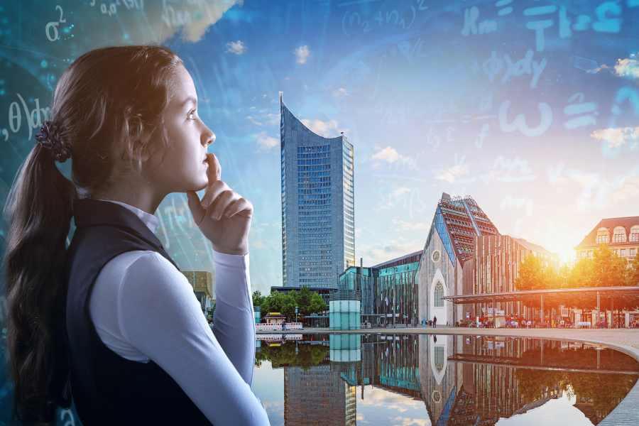 Bildcollage mathematische Formeln, nachdenkendes Mädchen, Blick auf den Augustusplatz mit Universität im Hintergrund