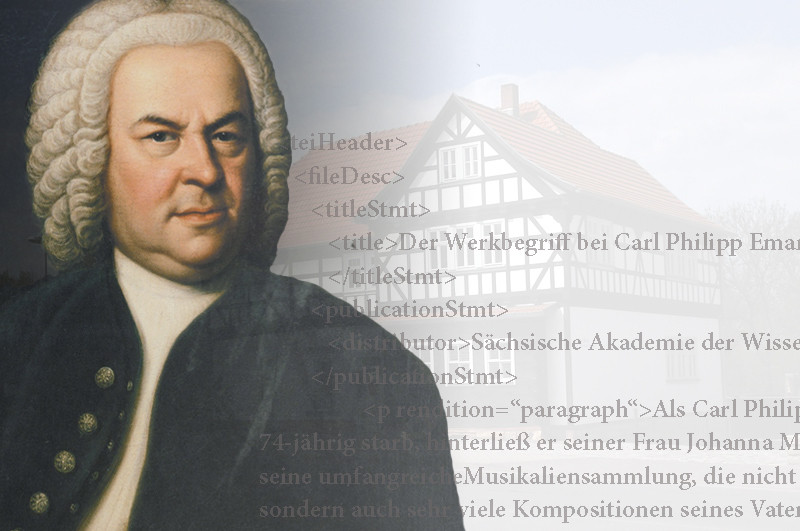 Collage aus dem von Elias Gottlob Haußmann angefertigten Porträtbild von Johann Sebastian Bach, der Veit-Bach-Obermühle in Wechmar und XML-Strukturen