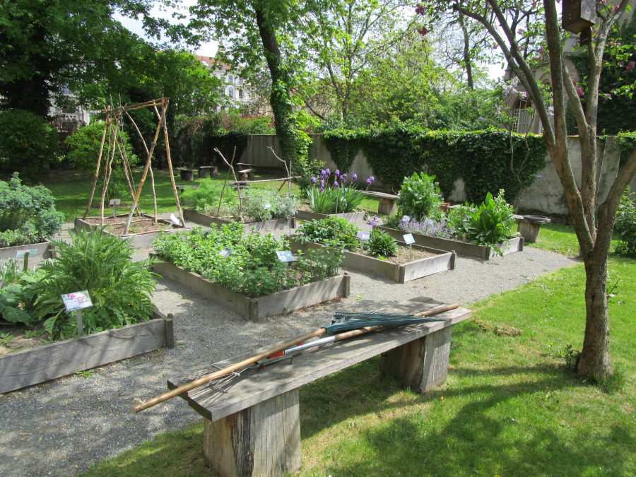 Mehrere Gartenbeete, im Vordergrund eine Holzbank