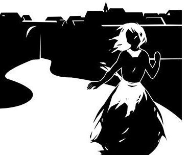 Grafik in Schwarz-weiß, dargestellt ist eine junge Frau in einem Kleid, die aus einer Stadt rennt.