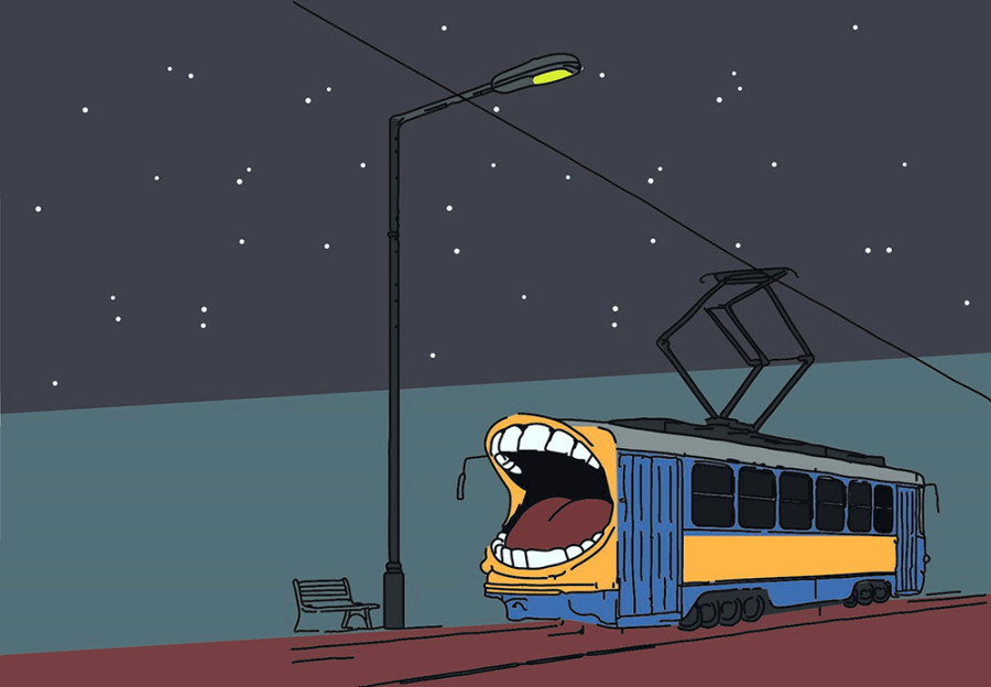 Illustration eines Straßenbahnwagens in nächtlicher Dunkelheit unter einer einsamen Straßenlaterne. Eine Front der Straßenbahn besteht aus einem weit geöffneten menschlichen Mund mit weißen Zähnen. © R. Köpke