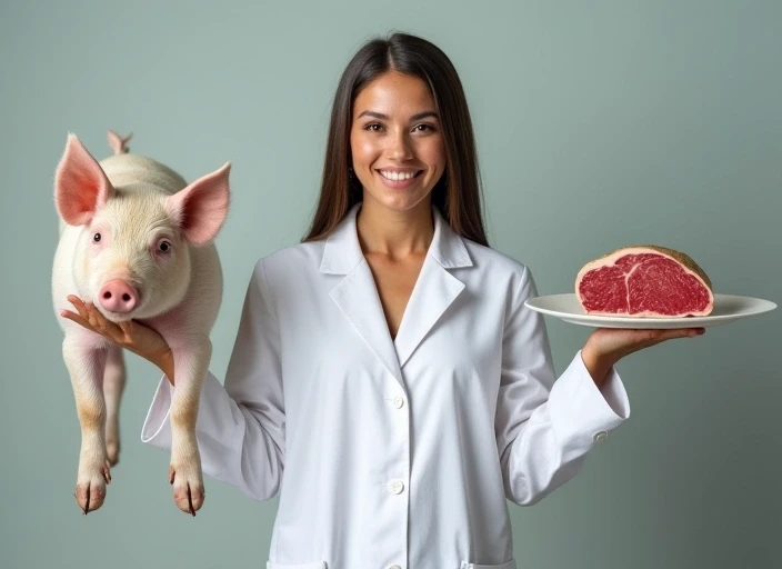 KI-generiertes Bild: Tierärztin mit Schwein und Fleisch