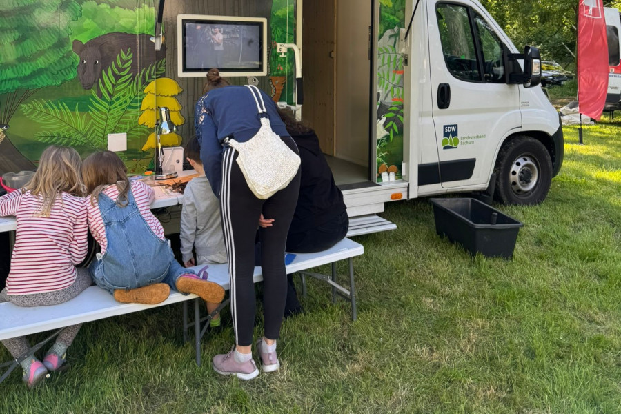 Eine Gruppe am Waldmobil. Foto: SDW