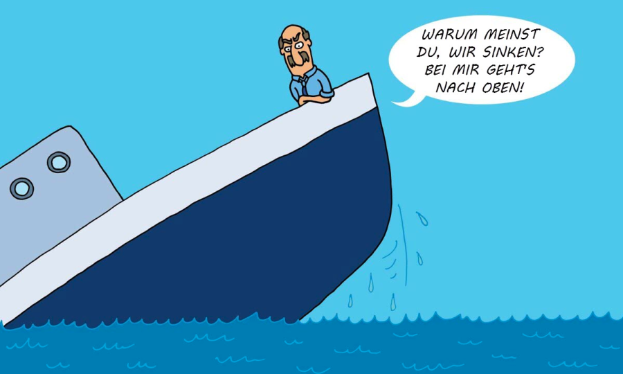 Comic von sinkendem Schiff mit Mann auf dem sich hebenden Heck, der statt Absinken fühlt, dass es nach oben geht.